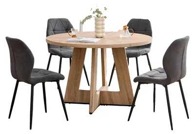 Immagine prodotto di Set da pranzo, tavolo rotondo moderno, sedie imbottite, set grigio scuro
