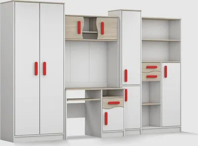 Produktbild von Easy4You Jugendzimmer Möbelset Komplettset Kinder Modernes Design B:300 cm H: 197 cm T: 52 cm Stilvolle Möbelkombination Schreibtisch Kleiderschrank Regalen Holzgriffe: Rot