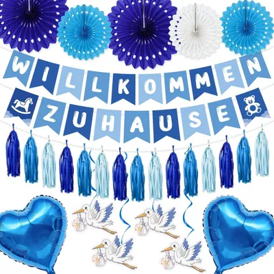 Produktbild von Willkommen Zuhause Deko Set Baby Blau Storch Herz Folienballons Papierfächer Quaste