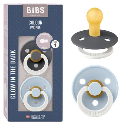 Imagen del producto de Chupete BIBS Colour Glow, para bebés de 0 a 6 meses, pack de 2 unidades, tetina redonda, color gris/azul bebé