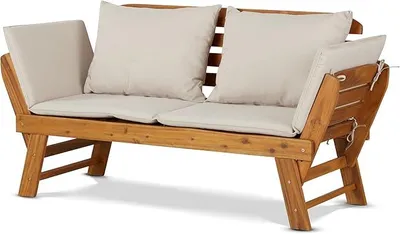 Image de Banc de jardin en acacia huilé, convertible en lit de jour ou transat, polyvalent. Ensemble de salon avec structure marron, pliable, coussins amovibles en polyester gris clair, résistant aux intempéries, capacité de charge de 260 kg, idéal pour une utilisation à la maison
