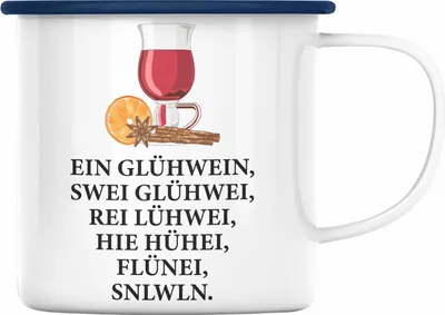 Produktbild von Trendation - Ein Glühwein Emaille Tasse Lustig Spruch Glühweinbecher mit Henkel Doppelwandig GlühweinEmaille Tassen Gläser Weihnachtsmarkt Becher Emaille Tassen Geschenk - Ein Glühwein Swei (Blau)