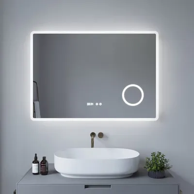 Produktbild von AQUABATOS® BORAS-Serie 100x70 cm Badspiegel mit Beleuchtung LED Badezimmerspiegel mit Uhr und Schminkspiegel Kaltweiß 6400K Dimmbar Beschlagfrei beheizt Lichtspiegel Wandspiegel