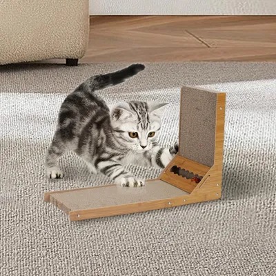 Produktbild von Livingandhome Kratzbrett L-Form Kratzspielzeug für Katzen, Wellpappe & Holzrahmen, 24.5x39.5x60cm, mit Glockenball