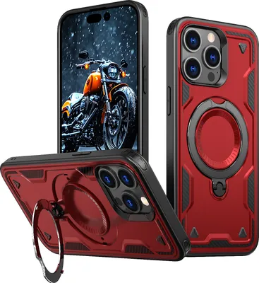 Produktbild von Dual Layer Hülle für iPhone 15 Pro Metall Ring Ständer Magnetisch Stoßfest Militär Handyhülle Rot