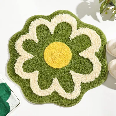Image de Tapis de bain antidérapant, vert, en forme de fleur, 60x60 cm, idéal pour les salles de bain