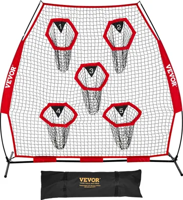 Image de VEVOR Filet à lancer pour entraîneur de football Filet d'entraînement (2170 x 1255 x 2230 mm) avec 5 poches de visée & sac de rangement portable & cadre en arc, entraînement à la précision de passe du quarterback, rouge