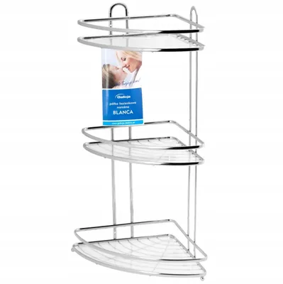 A chrome corner shower shelf with three tiers.