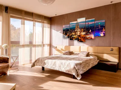 Produktbild von Akustikbild Stadt Panorama 200x100 cm Bilder Akustikschaum Hochleistungsschallabsorber Schallschutz Leinwand 5 tlg Wandbild Raumakustik Schalldämmung d-B-0122-b-m