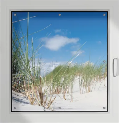Produktbild von Wallario Lichtschutzbild, Dekorativer Sichtschutz Sonnenschutz 96 x 100 cm mit Motiv: Düne am Strand unter blauem Himmel - Verdunklung ohne Bohren