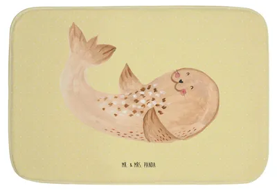 Produktbild von Mr. & Mrs. Panda Badematte Robbe Liegen - Gelb Pastell - Geschenk, Badezimmerteppich, Badvorleger, Robben, Badläufer, Ostsee, Lachen, Lustige Sprüche, Duschvorleger
