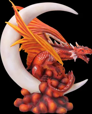 Produktbild von Drachenfigur rot - Feuerdrache auf Halbmond - Dragon Deko Figur