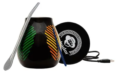 Produktbild von Cebador - Mate Becher Set Samba 350ml Bunt - Mit Elektrischem USB Tassenwärmer 10W & Bombilla Mercedes - Yerba Mate