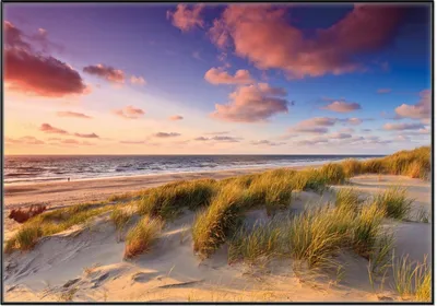 Produktbild von Wallario Wandbild Abendspaziergang am Strand - Sonnenuntergang über dem Meer, Größe: 70,30 x 100,30 cm, Poster mit schwarzem Aluminiumrahmen