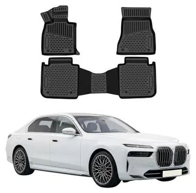 Imagen del producto de OMAC: Alfombrillas para el suelo de BMW Serie 7 G70 (2023-2026), de goma TPE, color negro, juego de 3 piezas, Imagen generada por IA