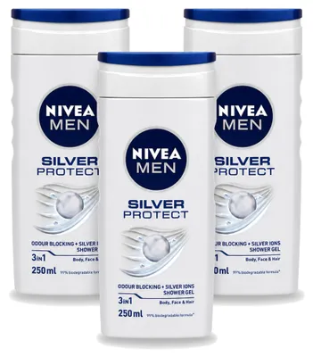 Image de 3 x Gel douche 3-en-1 Nivea Men Silver Protect - 250 ml - Pack économique - 3 pièces