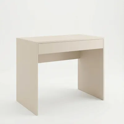 A simple, modern desk with a single drawer against a white background.