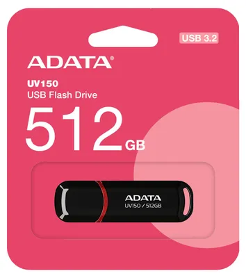 Zdjęcie produktu dla ADATA UV150, 512 GB, USB Typu-A, 3.2 Gen 1 (3.1 Gen 1), 100 MB/s, Pokrywka, Czarny, Czerwony