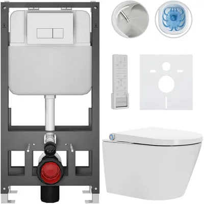 Productafbeelding van Hangtoilet met bidet, Basic/Cronus Premium - wit, glanzend - toiletknop Modulo/wit - vrijstaand - wandcloset - 59,3 x 38,4 cm