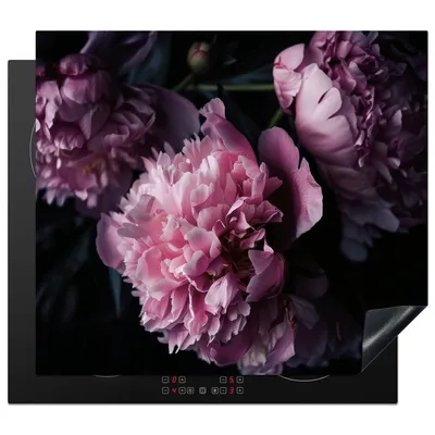 Produktbild von KitchenYeah© Herdabdeckplatte Blumen - Rosa - Pfingstrosen - Schwarz , 59x51cm, Küche Deko, Glaskeramikkochfeld Herdabdeckung, Abdeckplatte fùr Kochfeld