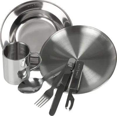 Produktbild von Camping Geschirr Set Edelstahl 1 Person flacher & tiefer Teller mit Besteck & Tasse