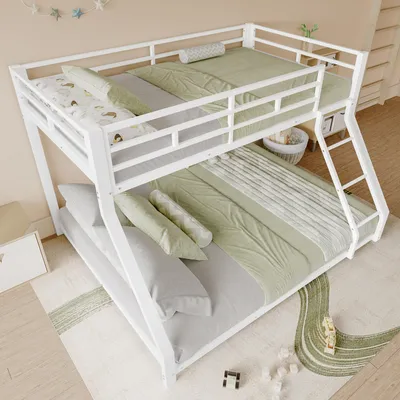 Obrázek produktu pro okwish Patrová postel (90/140 x 200 cm) Vysoká postel, Manželská postel, Kovová postel s zábradlím, Stupněm a Dvojitým prostorem, bez matrace, Bílá