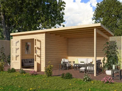 Produktbild von Gartenhaus Wacken 8 28 mm naturbelassen inkl. 4 m Anbau + Rückwand