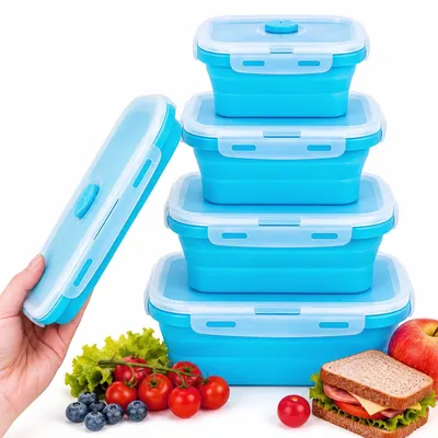 Produktbild von Silikon Faltboxen Lunchbox Frischhaltedosen 4er Set Blau auslaufsicher platzsparend für Arbeit Schule Reise