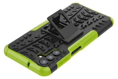 A black and green phone case with a kickstand.