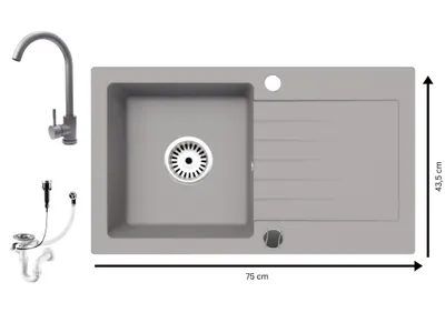 A top-down view of a gray granite kitchen sink with a faucet and drain assembly.