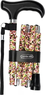 Produktbild von Garcia 1880 Klappbarer Gehstock – Handgelenkband und Aufbewahrungstasche – Rosa Blumen – Verstellbar 84 bis 92 cm – Derby-Griff – Mit Gehstockclip