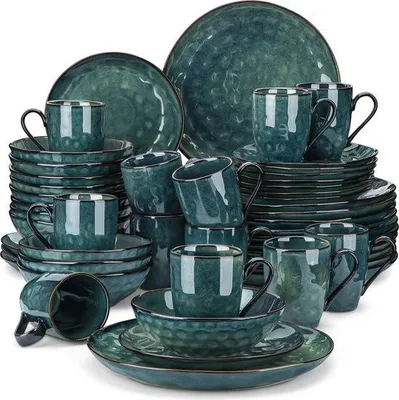 Immagine prodotto di Gran Vida® - Set di stoviglie da 48 pezzi - 12 persone - Vetroceramica - Smalto reattivo verde - Contiene piatti da pranzo, piatti da dessert, ciotole e tazze
