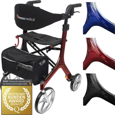 Produktbild von Bescomedical Leichtgewicht-Rollator Carbon - Bordeauxrot - Modell M - faltbare Gehhilfe mit Rückengurt, Netztasche und Stockhalter