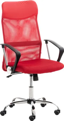 A red mesh office chair with black armrests and a chrome base.