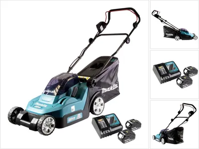A collage of images showing a teal and black Makita cordless lawnmower, batteries, and a charger.