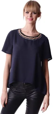 Produktbild von Damen Shirt Perlen am Ausschnitt; Dunkelblau/S/M 36/38