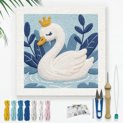 Immagine prodotto di Kit da cucito per principianti, formato 24x24 cm, set per ricamo "Cigno", fai da te, con istruzioni e filo