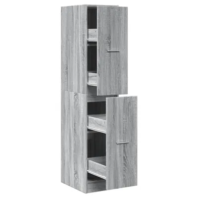 A tall, narrow cabinet with two sections, each with a door and pull-out drawers. The cabinet has a wood-grain texture and is gray in color.