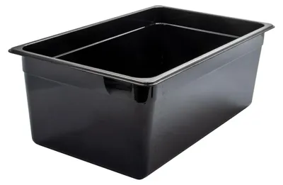 A black rectangular food pan or container.