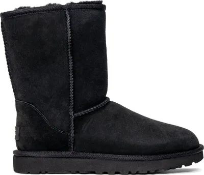 A black UGG boot is shown against a white background.