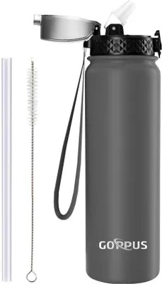 Produktbild von Isolerter 1-Liter-Flasche mit Metallgriff, doppelwandiger Edelstahl-Trinkbecher, leckgeschützter Sportwasserbecher, kohlensäurehaltiger Wasserbecher, BPA-freier Wasserbecher aus Edelstahl
