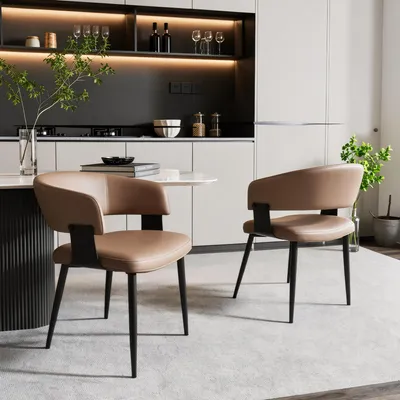 Produktbild von MODFU 2er Set Esszimmerstühle mit Armlehnen,Kunstleder Polsterstühle Küchenstuhl mit Rückenlehne und Metallgestell, Moderne Stühle für Küche Esszimmer,Braun