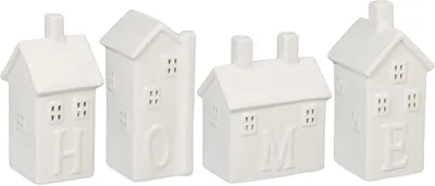 Imagen del producto de Soporte para velas tipo "tealight", diseño "HOGAR", juego de 4 unidades, para velas pequeñas, de cerámica, color blanco