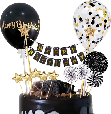 Produktbild von 17 Stück Happy Birthday Kuchendeko, Tortendeko Schwarz Gold, Cake Topper Schwarz Sterne Glitzer Geburtstagstorte Kuchen Topper für Geburtstag Dekoration Junge Mädchen