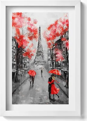 Produktbild von Paris - Eiffelturm und rote Regenschirme– Wandbild mit Rahmen – Gerahmtes Bild  – Wanddekoration – 20x30 cm – Weiß