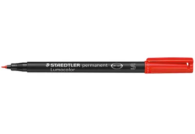 A red Staedtler Lumocolor permanent marker is shown horizontally against a white background.
