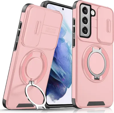 Immagine prodotto di Custodia a doppio strato per Samsung Galaxy S21 5G, con copertura scorrevole della fotocamera e supporto ad anello magnetico Rosa