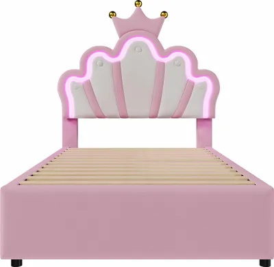 Zdjęcie produktu dla Łóżko tapicerowane, 90 x 200 cm, Oświetlenie otoczenia, Łóżko z 2 szufladami, Łóżko Princess w kształcie korony, Regulowane wezgłowie, PU, Różowy