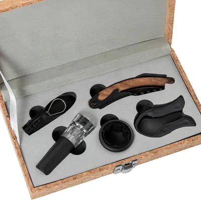 Produktbild von 4-teiliges Set mit Weinutensilien in einer Korkbox, Schwarz und Beige, 22,5 x 12 x 5,5 cm
