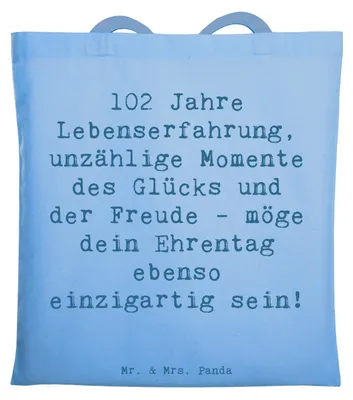 Produktbild von Mr. & Mrs. Panda Tote Bag Spruch 102. Geburtstag Glück - Sky Blue - Geschenk, Lebensfreude, Laptoptasche, Happy Birthday, Beutel, Glückwunsch, Einkaufstasche, einzigartig